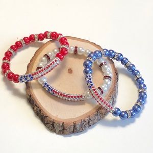 Patriotic Flag Rhinestone Bar Colored Pearl Beaded Stretch Bracelet